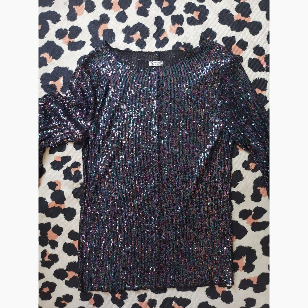 Free People Gold Rush Sequin Top Liquid Metal Disco Long Sleeve Intimately Sz XL